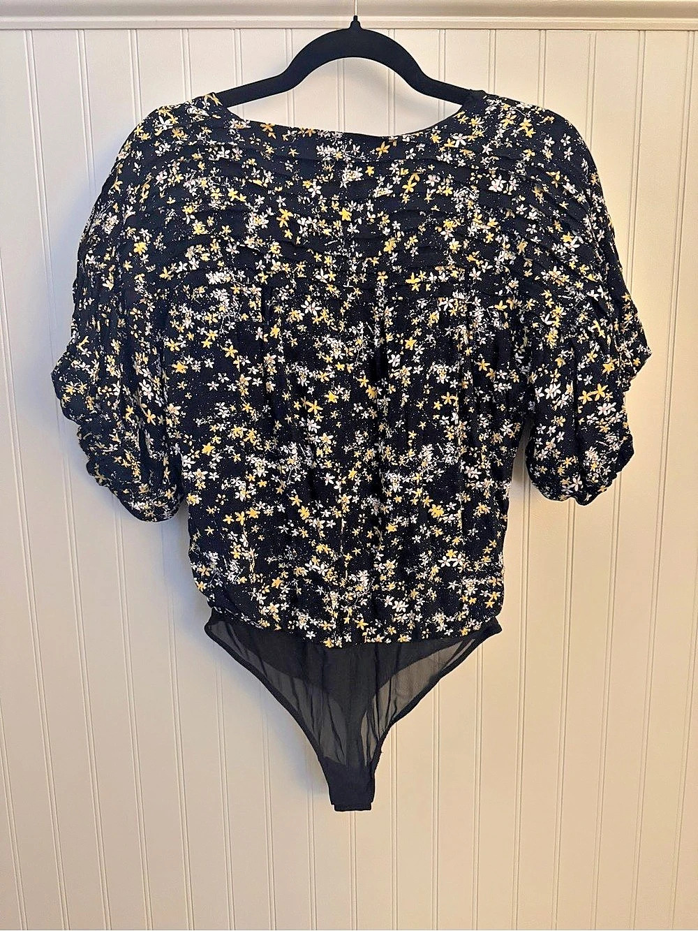 Free People Dessa Bodysuit Floral Puff Sleeve Black & Yellow Small
